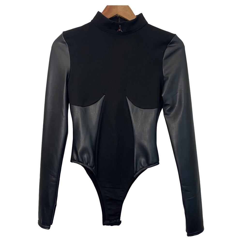 Maniere De Voir  Leather Cutout Black Bodysuit - Size - 8 - NEW